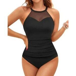 Charmo  Black Sexy Mesh Accent  Ruched Halter One-Piece Swimsuit - S